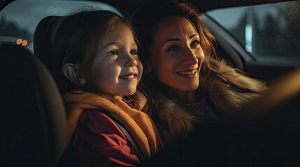 Mother and daughter inside car. Generative AI