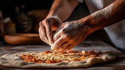 Obraz na płótnie Canvas A pizza seller s hands expertly stretching and tossing dough in the air. Generative AI