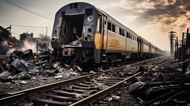 A photograph depicting the chaos and destruction caused by a train collision. Generative AI