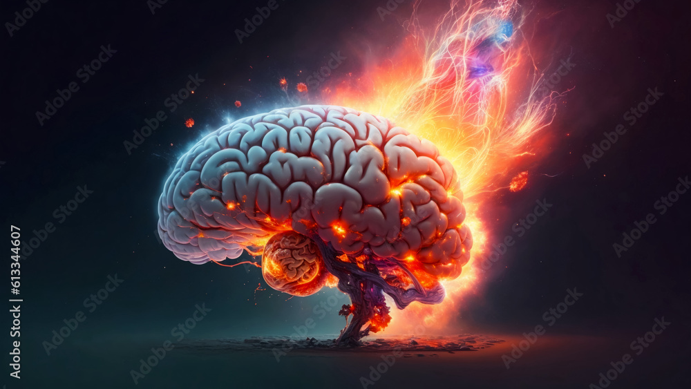 Poster concept art of a human brain exploding with knowledge and creativity. created with generative al tec