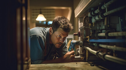 Plumber working on pipes under kitchen sink. Generative AI