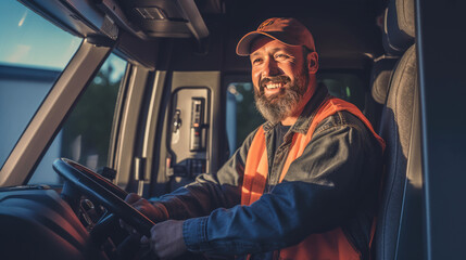 Fototapeta na wymiar Portrait of smiling truck driver leaning out window. Generative AI