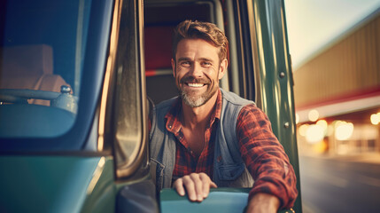 Portrait of smiling truck driver leaning out window. Generative AI