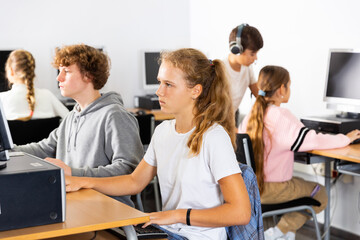 Fototapeta na wymiar Group of young girls and boys sitting in computer classroom and exercising.