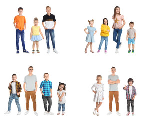 Collage with different groups of cheerful children on white background