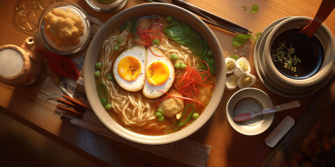 Top view Japanese food in a restaurant Ramen. Generative AI