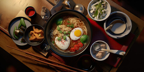 Top view Japanese food in a restaurant Ramen. Generative AI
