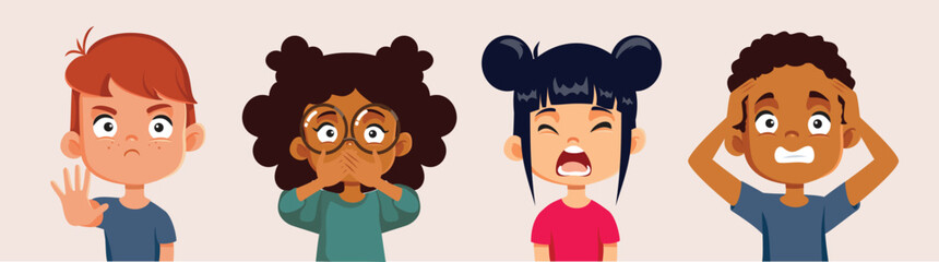 Unhappy Children feeling Desperate Vector Cartoon Set of Characters. Kids having a tantrum crisis suffering from sensory overload and exhaustion
