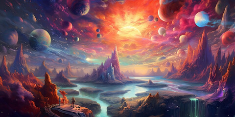 Fototapeta na wymiar Fantasy Cosmic Landscapes: Abstract Painting of Distant Planets and Space - Mind-Bending Murals in Red and Purple - Detailed World-Building - UHD Image