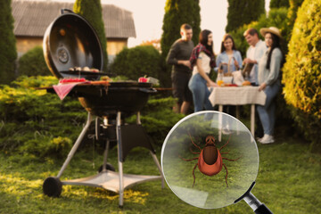 Seasonal hazard of outdoor recreation. Happy friends having barbeque party outdoors. Illustration...