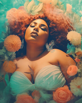Portrait of curvy Black woman surrounded by graphic flowers. Generative AI.