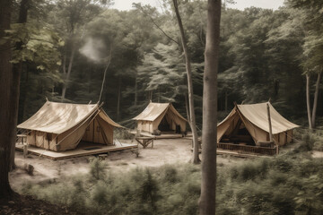 canvas light forest tent nature glamping travel luxury vacation camping. Generative AI.