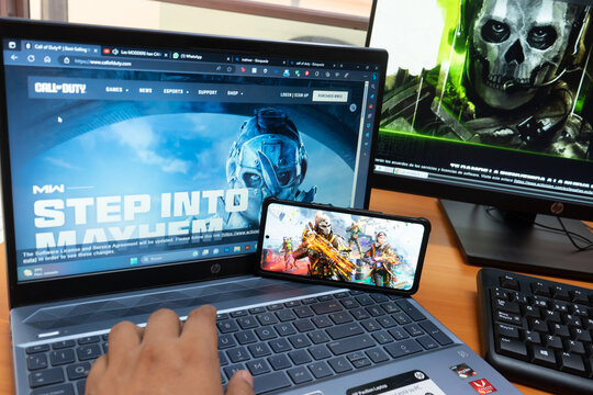 Managua, Nicaragua, June 14th: Latin man playing Call of Duty Mobile game on his android phone