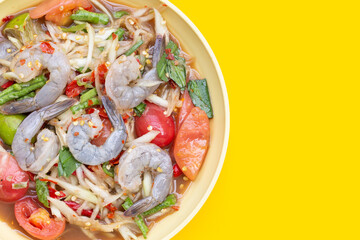 Papaya salad with shrimp in white plate