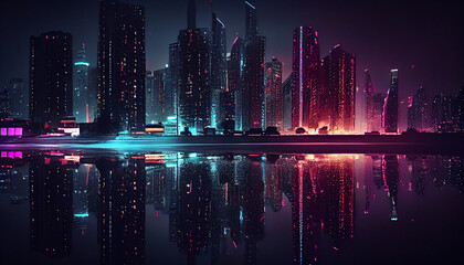 Night city neon lights of the metropolis. Ai generated image