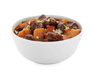 Delicious beef stew with carrots, green onions and potatoes on white background