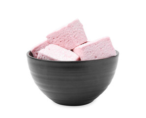 Bowl with tasty marshmallows on white background