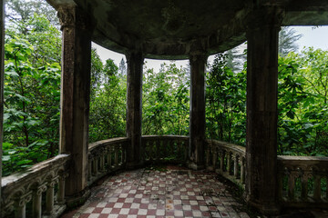 Old overgrown balcony in old abandoned mansion