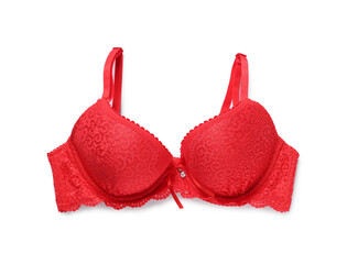 Elegant red women's underwear isolated on white, top view