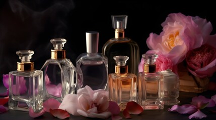 bottles and flacons with perfume essences and oils, vintage style, the concept of making spirit of perfume products, AI generation