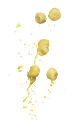 Banana juice flying fall down, yellow banana chopped slice juice wave explode. Yellow paint color splash throwing in Air. White background Isolated high speed shutter, throwing freeze stop motion
