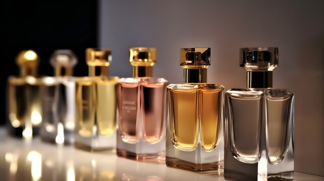 bottles and flacons with perfume essences and oils, vintage style, the concept of making spirit of perfume products, AI generation