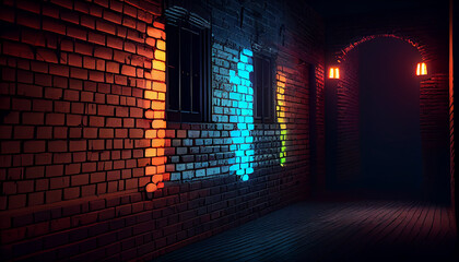 Old brick wall with neon lights. Ai generated image
