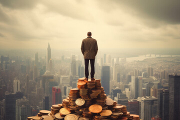 Man at the pinnacle of fame and fortune standing on a pile of money as tall as a skyscraper gazing out over the huge city. Ai generative.