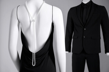 Male and female mannequins dressed in elegant outfits on grey background, selective focus