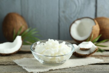 Organic coconut cooking oil on wooden table