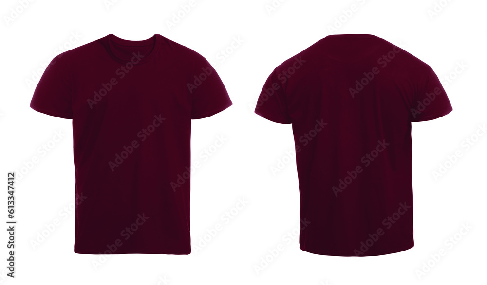 Sticker front and back views of dark red men's t-shirt on white background. mockup for design - Stickers