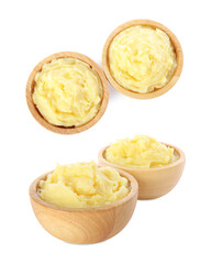Collage with mashed potato in bowls on white background, top and side views