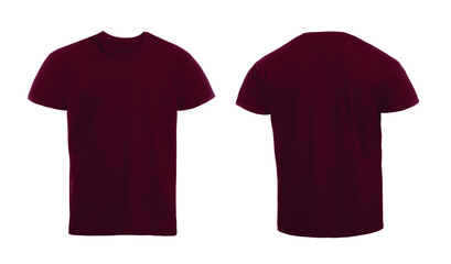 Front and back views of dark red men's t-shirt on white background. Mockup for design