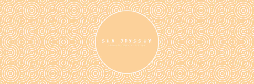 Seamless asian background pattern. Summer festive design. Orange yellow abstract geometric wavy lines and curvy mandala waves. Traditional japanese zen ornament.