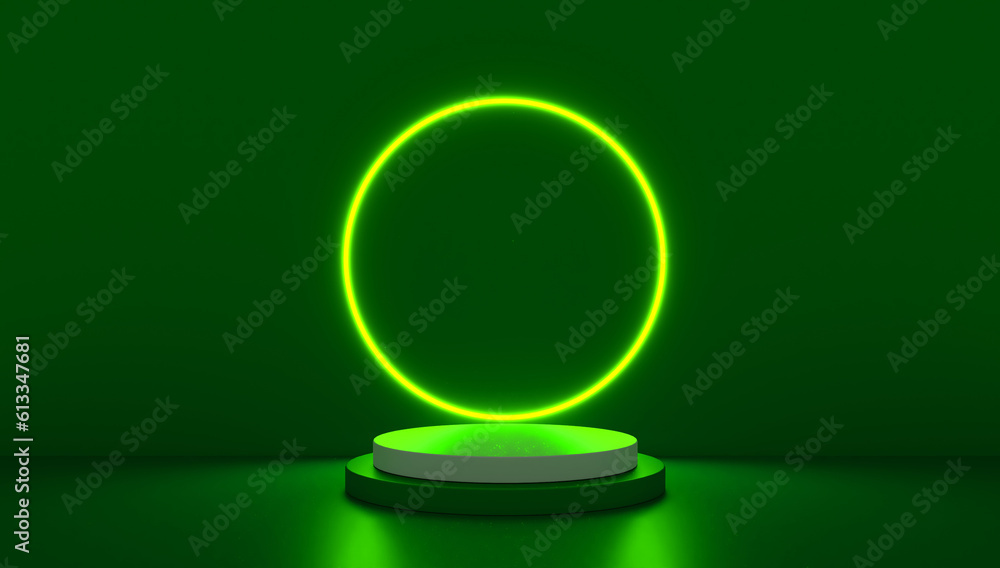 Poster green realistic 3d cylinder stand podium with glowing neon in circle shape. abstract 3d rendering re