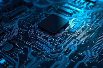 Blue electronic circuit board, technology concept, IA generativa