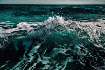 Obraz premium Ocean wave breaking in the middle of the ocean, IA generativa
