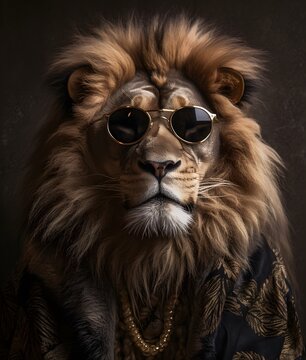 Another lion with black sunglasses against a neutral background. Generative AI