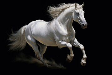 Elegant white horse running on black background