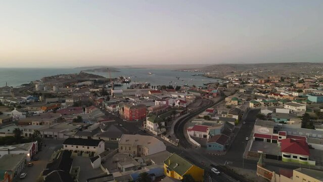 Aerial view of buildings in Windhoek downtown urban city town. Namibia, South Africa.