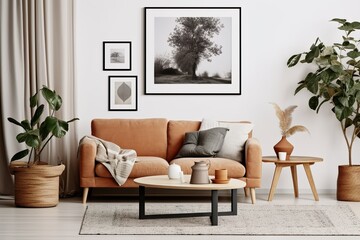 Fototapeta premium Cozy living room interior with mock up poster frame