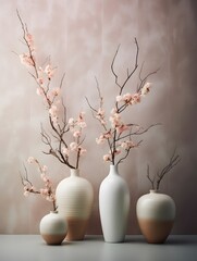A creative arrangement with a pair of classy vases next to a branch. Generative AI