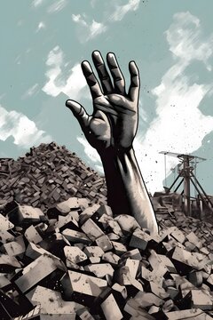 A hand emerges from a heap of construction materials, symbolizing progress and development. Generative AI