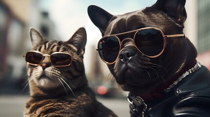 a sunglasses wearing cat and a sunglasses wearing dog in an epic street brawl. Generative AI - obrazy, fototapety, plakaty
