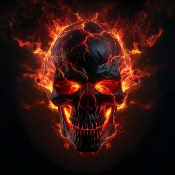 An eerie skull shaped fire blazing against a dark backdrop, in the style of surrealistic fantasy. Generative AI