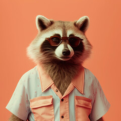 Fashion raccoon in shirt. Purple monochrome portrait. Generative AI - obrazy, fototapety, plakaty