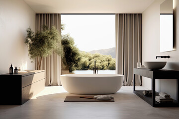 Luxury bathroom interior. Modern big white bathtub. Muted colors. Generative AI