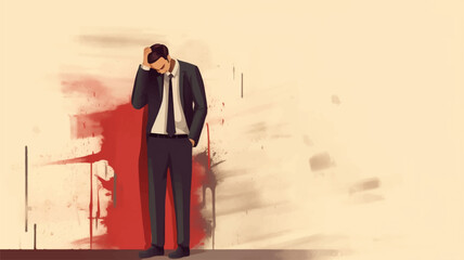 Business illustration of Businessman leaning his forehead against wall, regret concept, business failure, stupid mistake. - obrazy, fototapety, plakaty