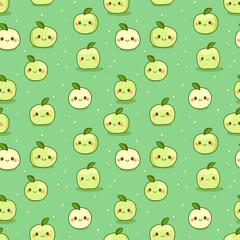 Cartoon seamless pattern with cute funny apples on green background. Generative AI.