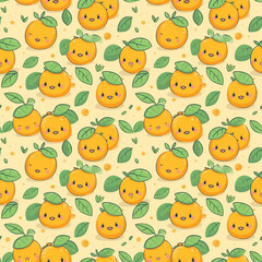 Obraz premium Cartoon seamless pattern with cute funny oranges on yellow background. Generative AI.